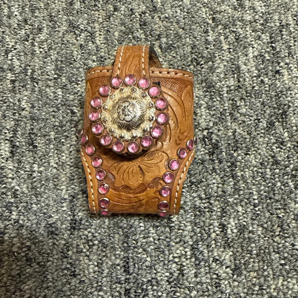 Vintage Cowboy Decor Leather & Rhinestones Westernn Case w/Belt Clip